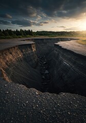 A massive, unexpected geological hazard showing a dangerous collapse of the surface layer, resulting in a deep and scary chasm ,void ,instability ,erosion
