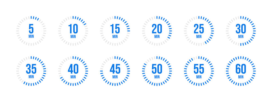 Minimalist Blue Stopwatch Timer Icon Set 5, 10, 15, 20, 25, 30, 35, 40, 45, 50, 55, 60 Minutes for Health App, UI Design, and Time Management