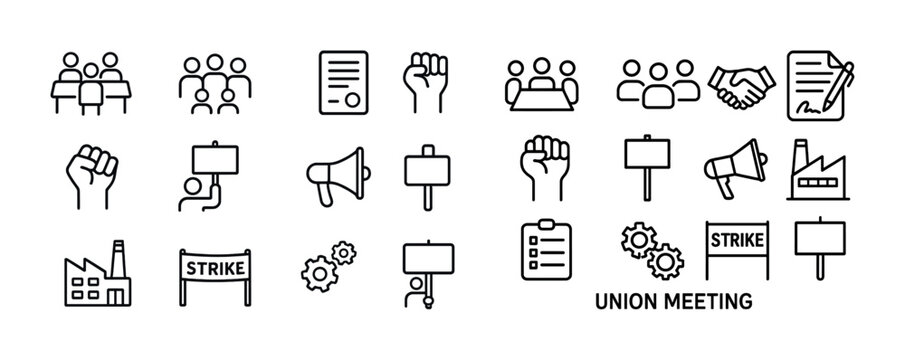 Labor union icons: strike, protest, and meeting symbols