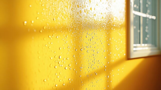 Raindrops falling on yellow background window shadow indoor scene urban environment close-up view serenity concept - Powered by Adobe