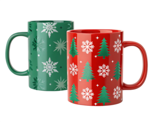 Holiday mugs for joyful spirit: A pair of vibrant mugs, one a festive green and the other a bold red, adorned with snowflake and Christmas tree motifs, bring warmth and cheer to the holiday season.