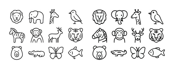 Simple animal icons set: lion, elephant, giraffe, bird, zebra, deer, tiger, monkey, bear, fish, butterfly, crocodile