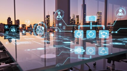 Displaying Business Organization Chart on Table in Modern Office, Sunset Background