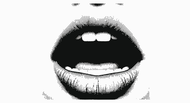 Black and white halftone image of an open mouth with visible teeth. The style suggests a vintage print or graphic design aesthetic.