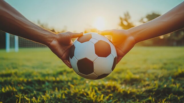 Football player exchange fist high holding soccer ball grass field action shot outdoor stadium exciting moment