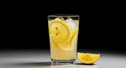 A tall glass of cold, freshly squeezed lemonade served with ice cubes and bright yellow citrus slices, perfect for summer refreshment ,citrus ,juice ,light