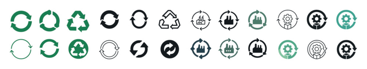 Fototapeta premium Green and black circular icons: recycling, industrial, gear symbols