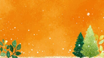 A vibrant orange background features snowflakes and stylized trees, creating a cheerful, festive atmosphere.