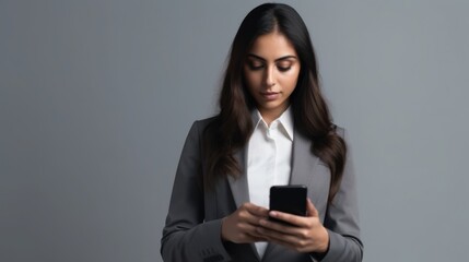 Naklejka premium Businesswoman using mobile phone grey background image urban setting close-up professionalism
