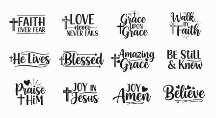 Black & white vector collection of faith-based typography designs featuring crosses & religious phrases like Faith over Fear and Amazing Grace.