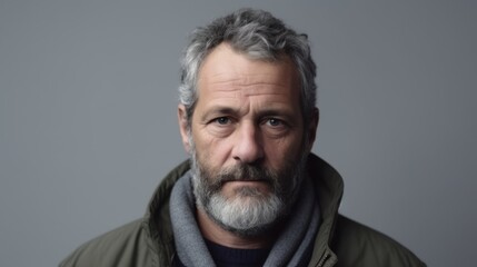 Concerned man portrait studio digital composite grey background close-up emotional expression