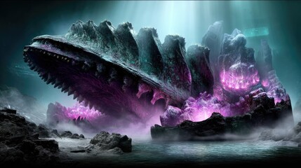 A colossal, ancient skeleton of a creature with sharp teeth and a spiky dorsal ridge, partially submerged in water and surrounded by glowing purple crystals wit
