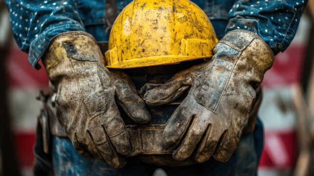 Manual worker in hard hat and gloves construction site gigapixel image industrial environment close-up view labor and safety concept