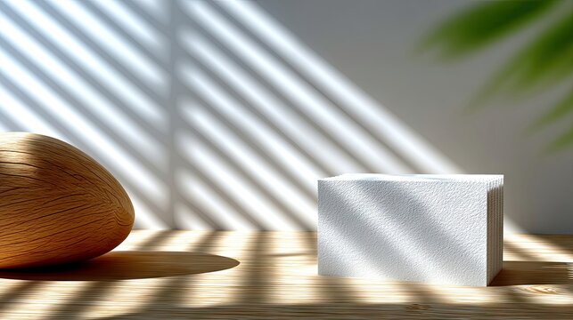 A clean, textured white cube pedestal sits on a wooden surface, bathed in dappled light from blinds, with a large wooden sphere and blurred green leaf in the ba