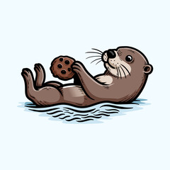 fun otter hold cookie laying on water cartoon character cartoon isolated drawing line style design illustration