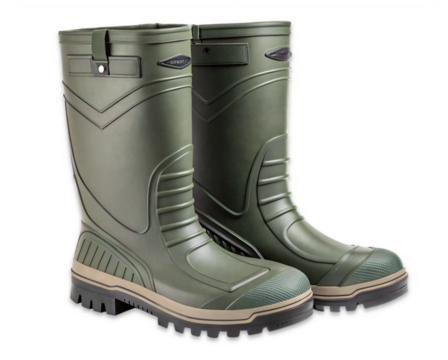 Green Work Boots: Sturdy green work boots, a symbol of protection and practicality, standing ready for any task or terrain.