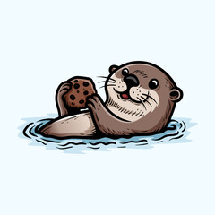 fun otter hold cookie swim on water cartoon character cartoon isolated drawing line style design illustration