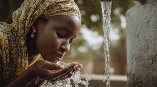 African woman drinking clean water from a tap
