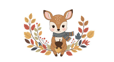 A cheerful hedgehog wearing a leaf hat and holding a small bundle of corn, smiling.