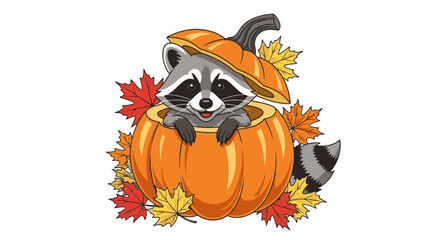 Cartoon raccoon sitting inside a pumpkin surrounded by autumn leaves.