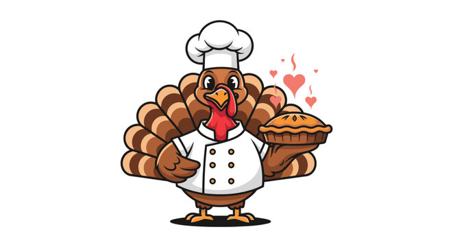 A cartoon chef turkey wearing a white chef's hat and coat, holding a freshly baked pie with hearts floating around it.