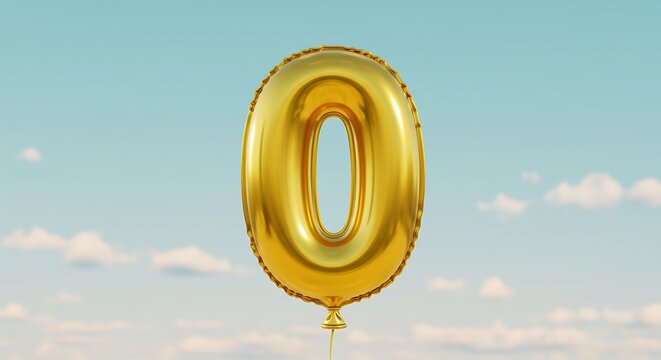 Golden number zero balloon floating in a bright blue sky with fluffy white clouds