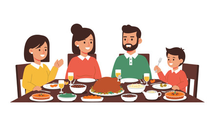 A happy cartoon family with a mother, father, son, and daughter enjoying a festive holiday dinner together at a dining table.