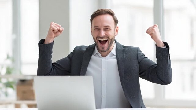 Achievement Unveiled: A successful man, radiating pure triumph as he celebrates a win in his work environment.