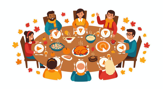 A diverse family gathering around a table for a festive Thanksgiving meal with turkey and pumpkin pie, surrounded by autumn leaves.