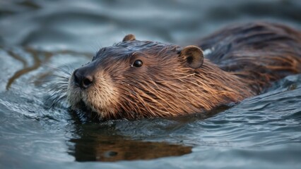 Closeup of a majestic beaver swimming gracefully in dark bluegreen water, ready to take a bite. Blurred water background.