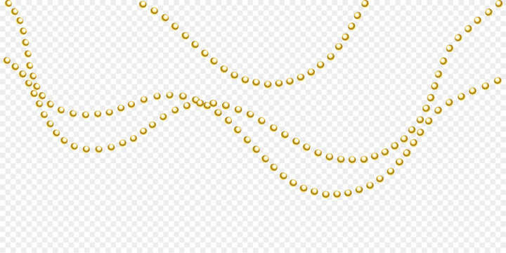 Gold beads on a white background. A beautiful chain of yellow color. Net beads are realistic. Decorative element from golden ball design