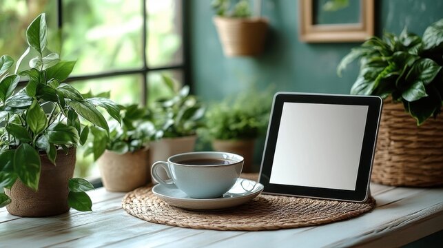 Cozy interior scene plants, coffee, and blank tablet on a wooden table, near window