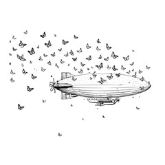 Obraz premium Whimsical airship takes flight, carried by a flurry of butterflies, isolated on a surreal journey begins