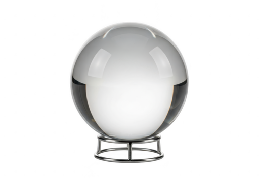 Clear crystal ball on a metal stand, reflecting light and showing a bright, ethereal glow, isolated on transparent background