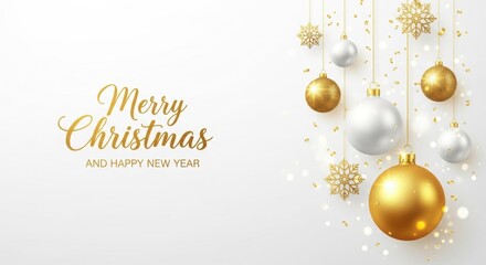 Christmas and new year greeting with festive gold and silver ornaments isolated on white background