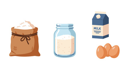 Illustration of baking ingredients: flour, sugar, milk, and eggs.