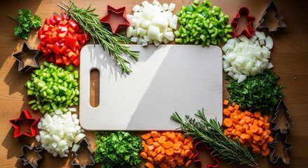 Festive holiday cooking preparation with chopped vegetables, rosemary, and Christmas cookie cutters around a blank cutting board.