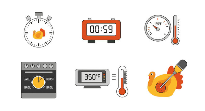 Collection of illustrations depicting cooking-related elements, including timers, thermometers, and an oven.