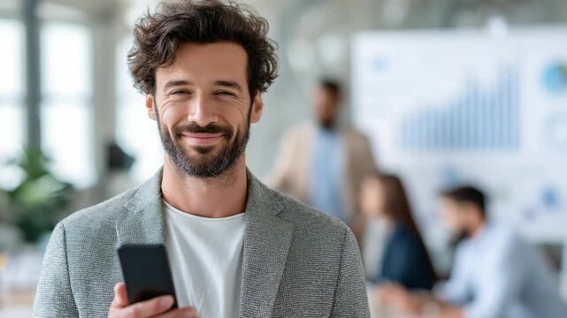 Smiling Business Professional: A confident business professional with a warm smile, holding a smartphone, epitomizes modern success in a bustling office setting.
