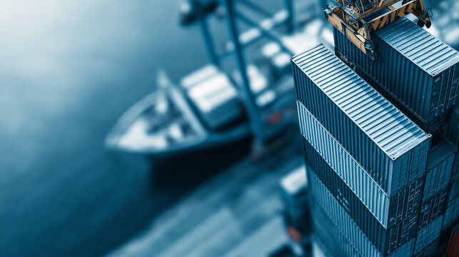 Facility. An aerial view of geometric shipping containers forming an abstract industrial landscape. Safety posters.
