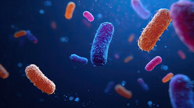 3D render of colorful bacteria on dark blue background, positioned to the right side in macro top view perspective, showing detailed microscopic texture for science and medical concepts.