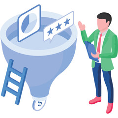 Man Standing Near A Large Funnel With Review Stars And A Ladder Against A Transparent Background Representing Business Analytics And Customer Feedback