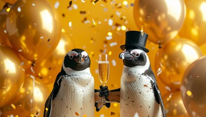 Two penguin figurines toast with champagne amid golden balloons and confetti in a festive scene.