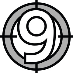 Number Nine Logo Symbol in a Circular Target Reticle With Gray and Black Outline Against Transparent Background