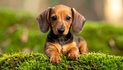 A young dachshund puppy rests on vibrant green moss, gazing sweetly in a soft forest setting.