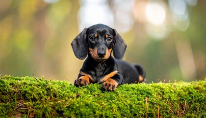 A young dachshund puppy rests on vibrant green moss, gazing sweetly in a soft forest setting.