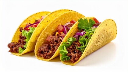 Three vibrant hard-shell tacos filled with fresh vegetables and seasoned beef on a white background.