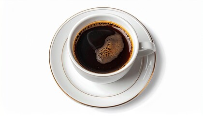 Fresh black coffee in a white ceramic cup, simple and elegant against a clean white background.