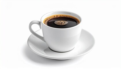 Fresh black coffee in a white ceramic cup, simple and elegant against a clean white background.