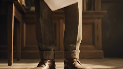 Close-up of a person's legs wearing formal shoes and jeans standing on a wooden floor in a warmly lit indoor setting